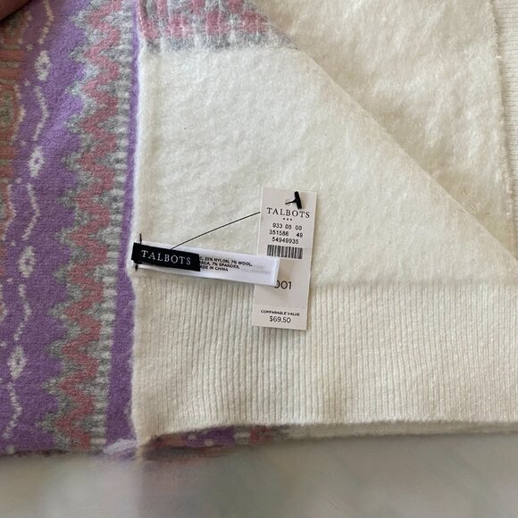 😊TALBOTS Womens Classic Norwegian Pattern Knit Scarf Purple White Gray Pink NWT - Picture 3 of 7